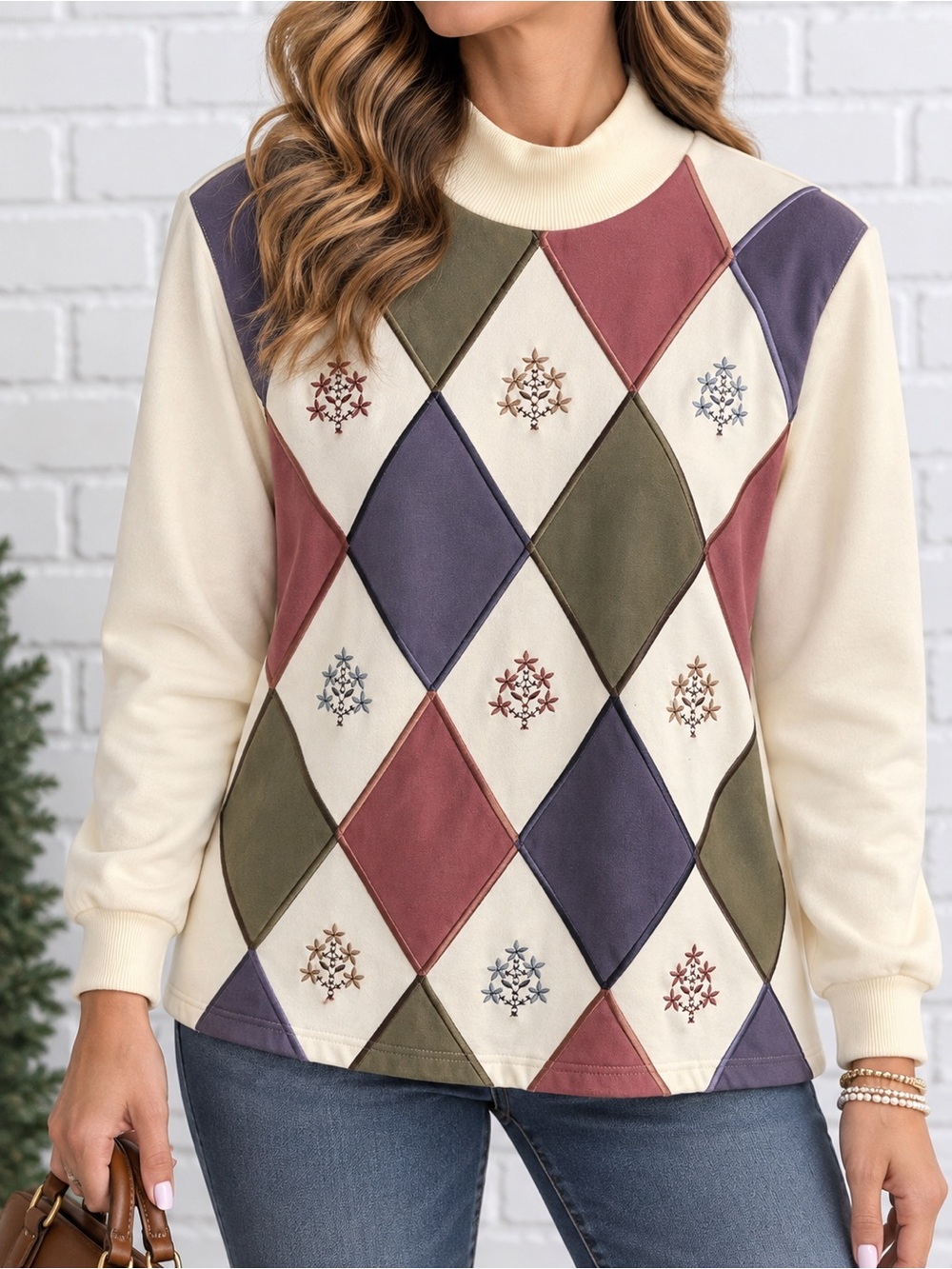 Vintage 90s Alfred Dunner Argyle Embroidered Sweatshirt Small Cottagecore